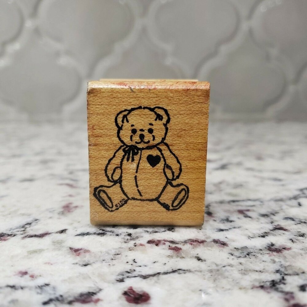 Inkadinkado Heart Teddy Bear Wood Mounted Rubber Stamp 1987 USA